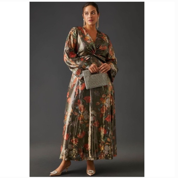 Anthropologie Caballero Metallic Floral Deep V-Neck Maxi Dress Brown Motif - Picture 3 of 16